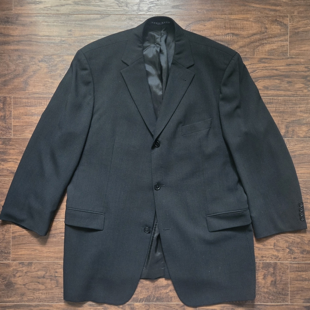 100% Wool Men's Hugo Boss Black Single Breasted Blazer 46R Made In USA